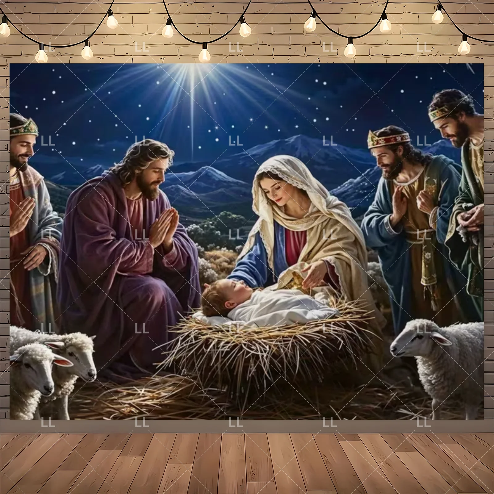 Starry Night Nativity Scene Backdrop - Traditional Christmas Party Decor and Photo Prop