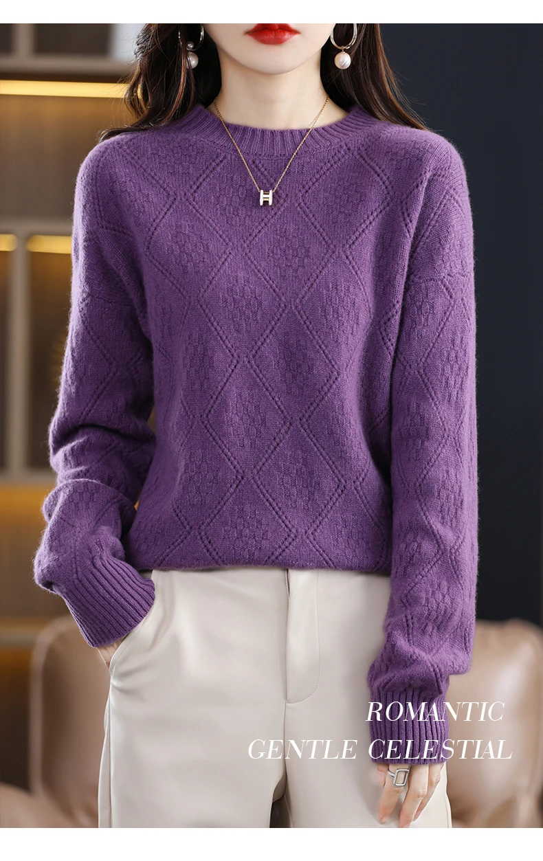 Autumn Winter 100% Merino Wool Women's Round neck Sweater Casual Diamond Hollow Knitwear Pullover New Embroidered Sweater Tops