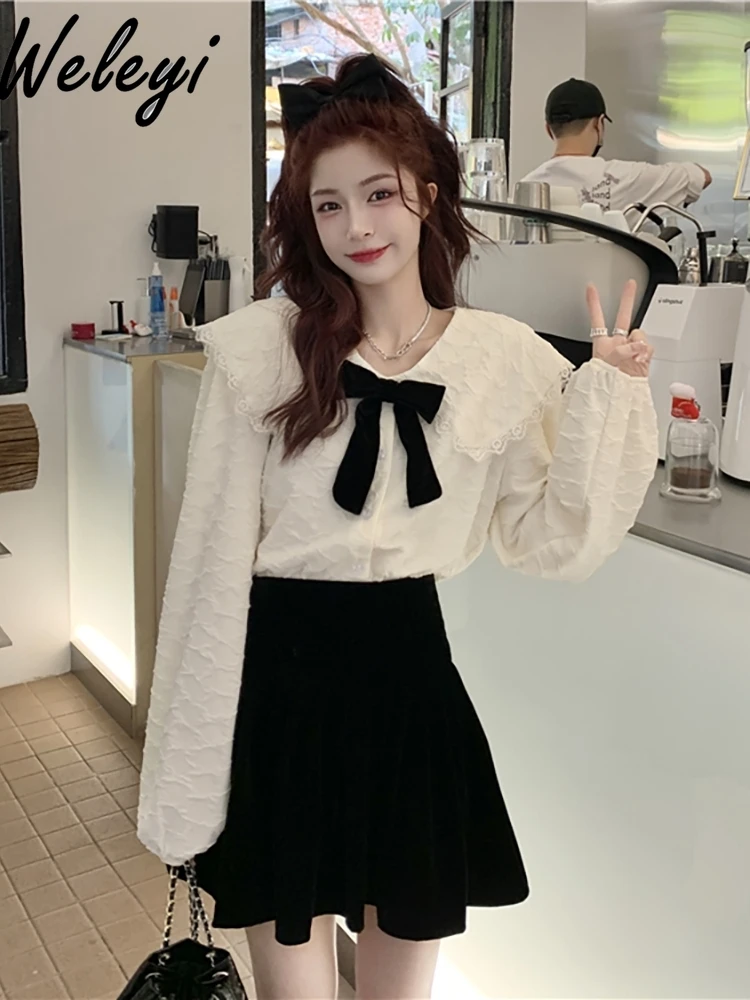 Cute Woman Two Piece Sets New Large Size Plump Girls Doll Collar Bow Outer Wear Fashionable Long Sleeve Shirt Black Skirt Outfit