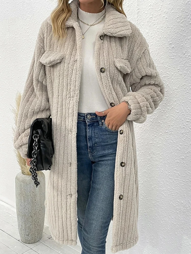 

Пушистая Женская куртка на осень и зиму, длинное пальто, женская винтажная модная куртка из искусственного меха, Женская Повседневная Свободная плюшевая верхняя одежда с лацканами