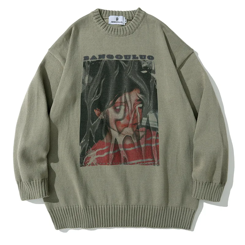 

American Dark Cartoon Printed Men's Pullover Casual Fashion Loose Sleeve Knitted Couple Street Harajuku Sweater Ropa De Hombre
