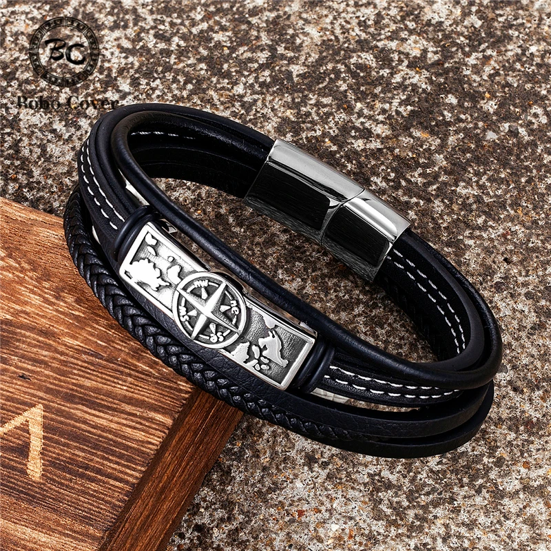 Braccialetti con bussola in pelle multistrato norrena da uomo Accessori in acciaio inossidabile vichingo Bracciale Gioielli vintage Regali maschili fatti a mano  36