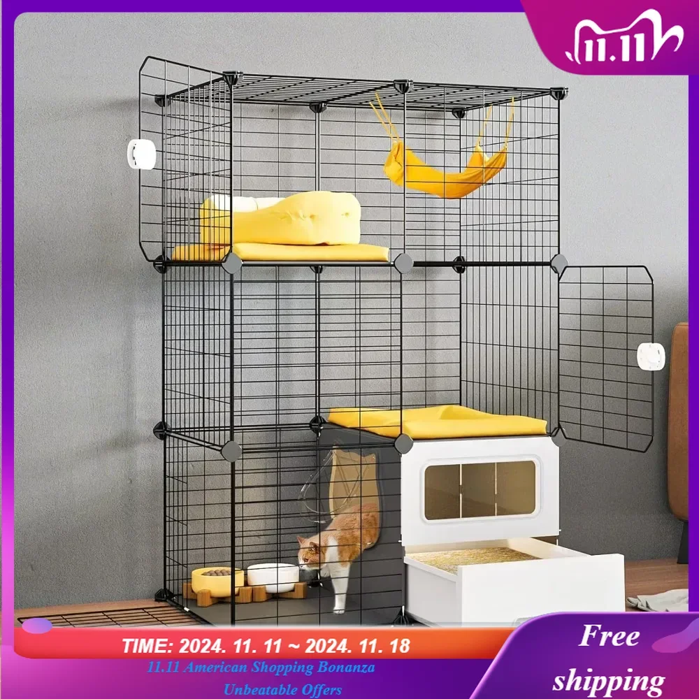 Cat Cage Indoor with Litter Box 3-Tier DIY Cat Detachable Metal Wire Kennel Crate Large Exercise Place Ideal for 1-2 Kitten