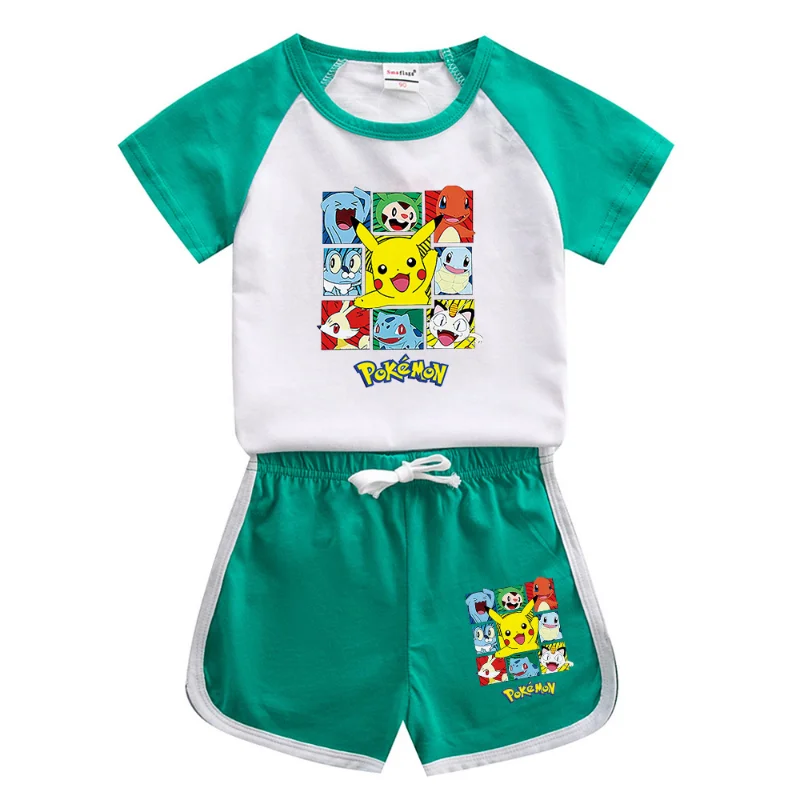 thumbnail image 1 of Nueva ropa para niños de Pokemon, figura de dibujos animados de Pikachu, pantalones cortos 100% de algodón, conjunto de manga corta, regalos de cumpleaños para niños, 1 of 5