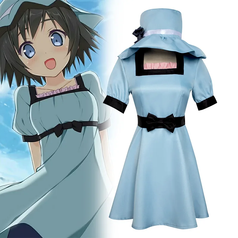 

Anime Steins Gate Shiina Mayuri Cosplay Costume Blue Dress with Hat Party Role Play Dresses Halloween Party Clothes