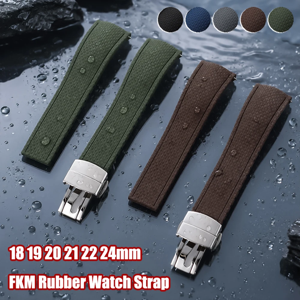Elegant FKM Rubber Watch Strap with Curved Ends and Quick Release in Multiple Sizes (18-24mm)