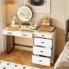 Vanity Desk w/ Mirror & Lights, 49" Modern Makeup Vanity w/ Charging Station,Glass Top Dressing Table, White (Chair not Include) 1