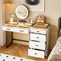 Vanity Desk w/ Mirror & Lights, 49" Modern Makeup Vanity w/ Charging Station,Glass Top Dressing Table, White (Chair not Include) 1