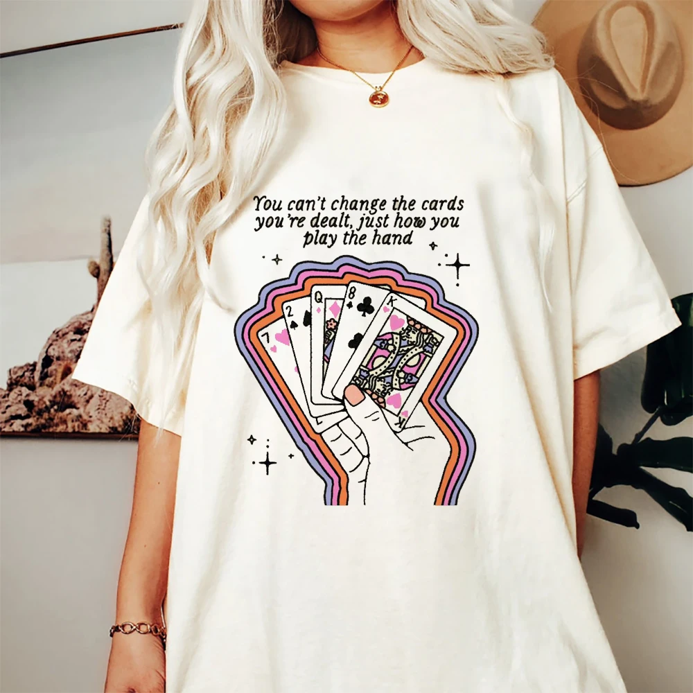 

Short Sleeved Trendy 90s Clothing Women's Fashion Summer Printed Watercolor Style Playing Card Pattern Top Clothing T-Shirt.