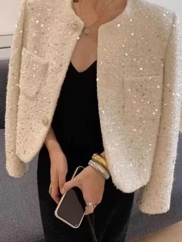 Chic Sequins Sweet Tweed Jacket Women Fall Elegant Long Sleeve Slim Coat Korean Fashion O Neck Design Female All Match New Tops 1