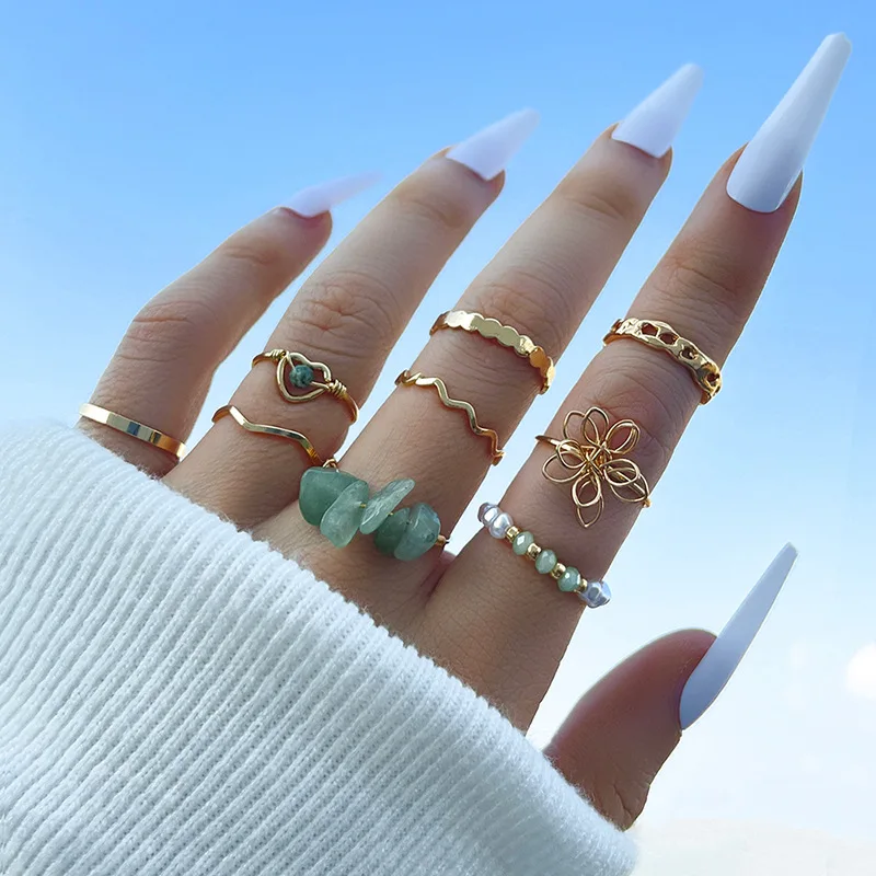 9pcs Fashion Boho Crystal Beaded Ring Set Hollow Love Green Natural Stone Flower Ring Trend Gift Vintage Jewelry Aesthetic