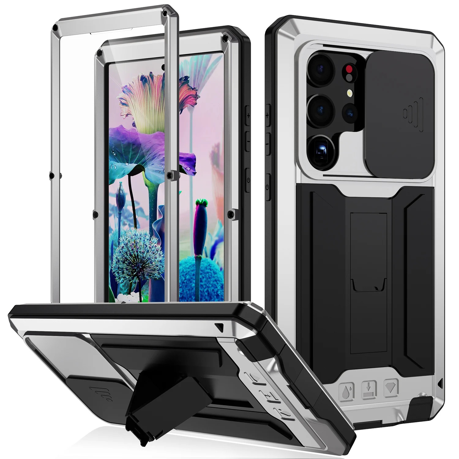 Heavy Duty Shockproof Metal Aluminum Case with Built-in Kickstand and Glass Cover