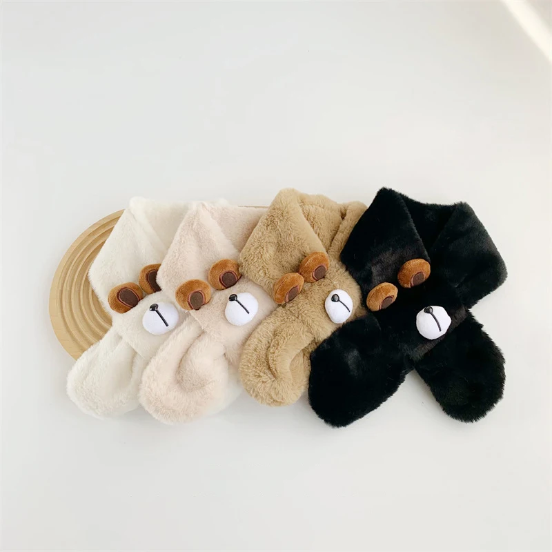 Cartoon Plush Baby Scarf Winter Faux Fur Scarves for Toddler Boys Girls Cute Bear Warm Kids Cross Neckerchief