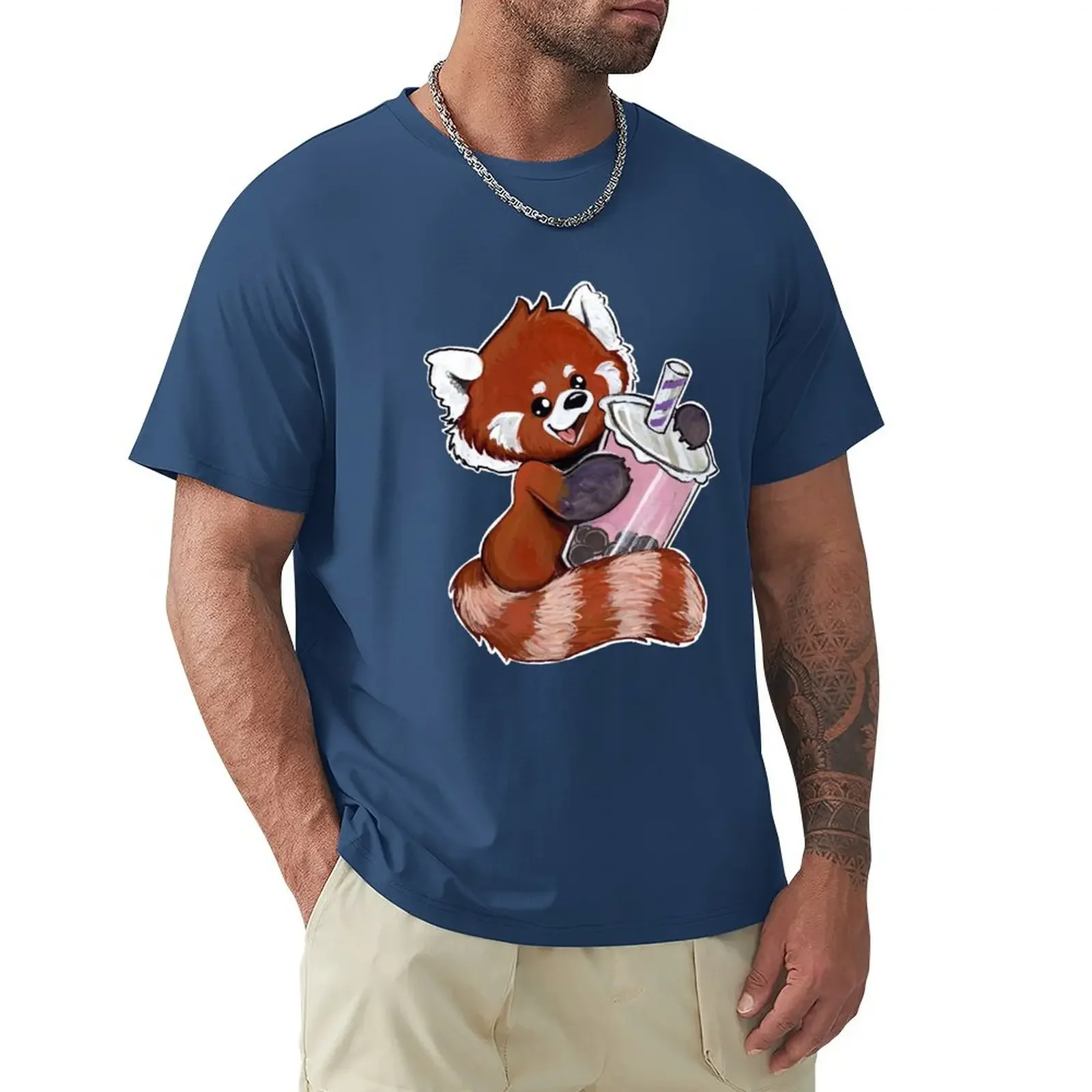 Boba Tea Red Panda T-Shirt Summer Top Cute Tops Anime Slim Fit T-Shirt Per Uomo