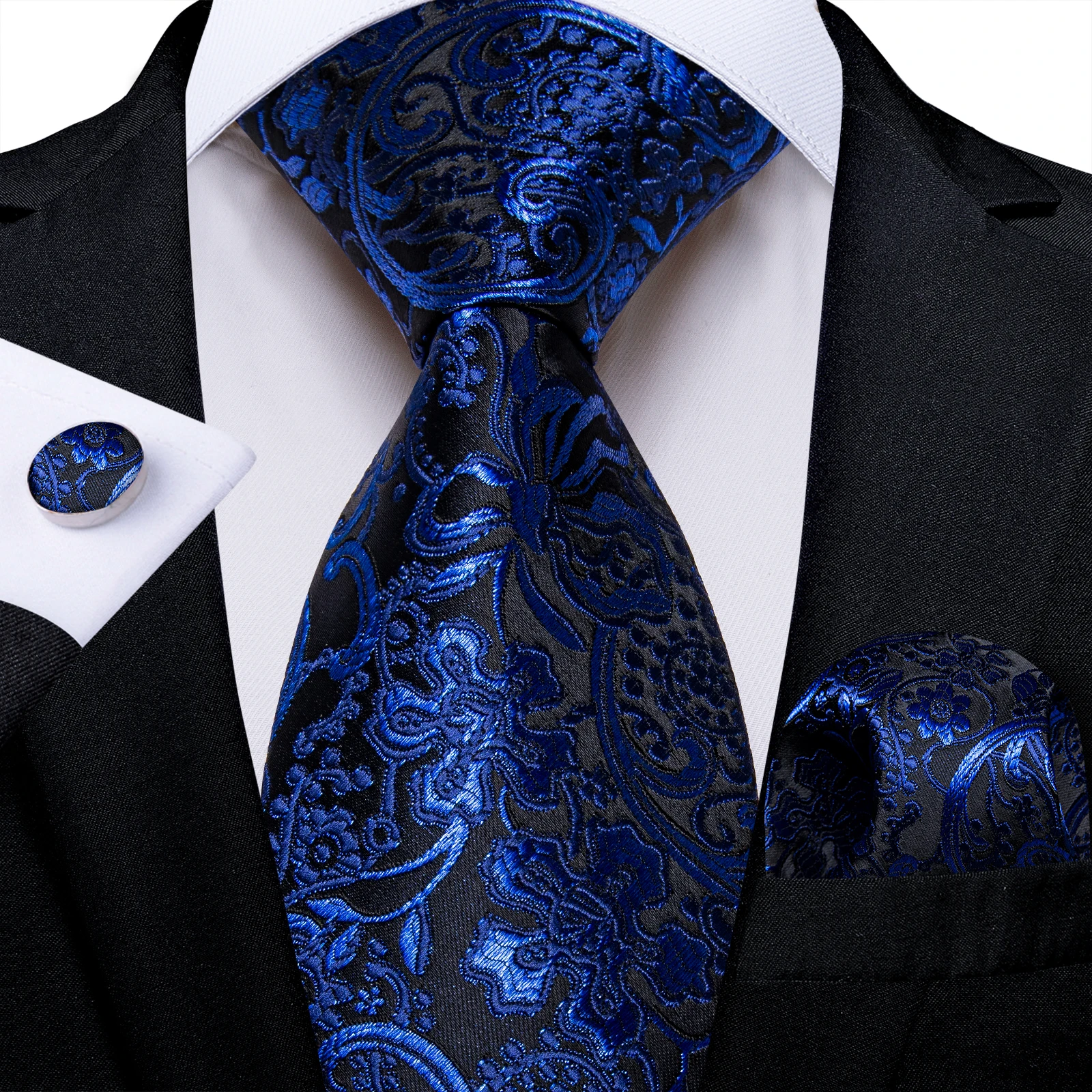 

Solid Blue Floral Fashion Men's 8cm Silk Ties Business Wedding Party 150cm Length Necktie Handkerchief Cufflinks Gift