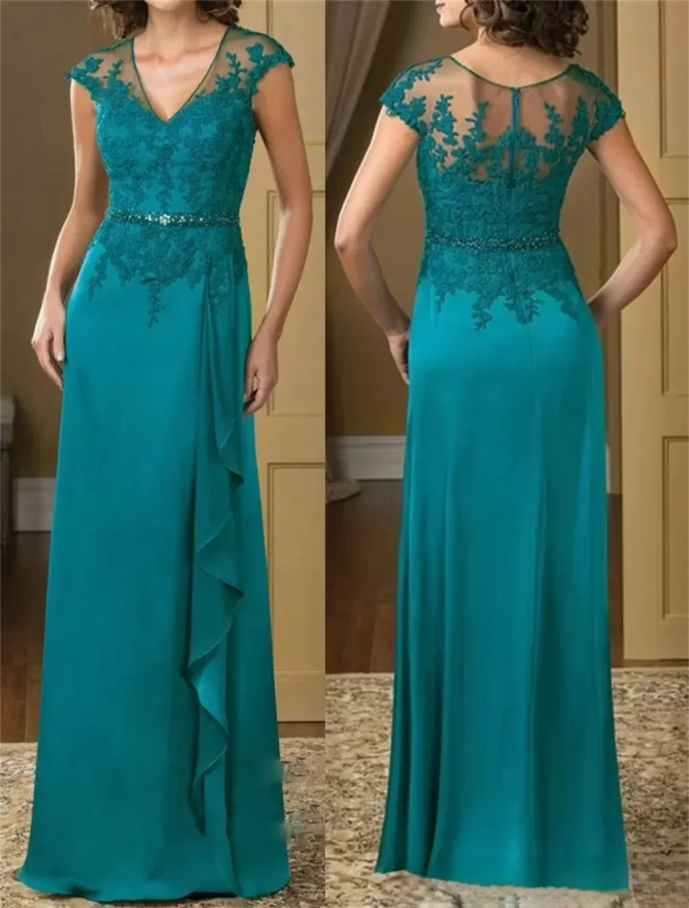 Mother Bride Dresses A-Line Lace Floor-Length Plus Sizes Turquoise Appliques Chiffon Short Sleeve Ruffles Belt
