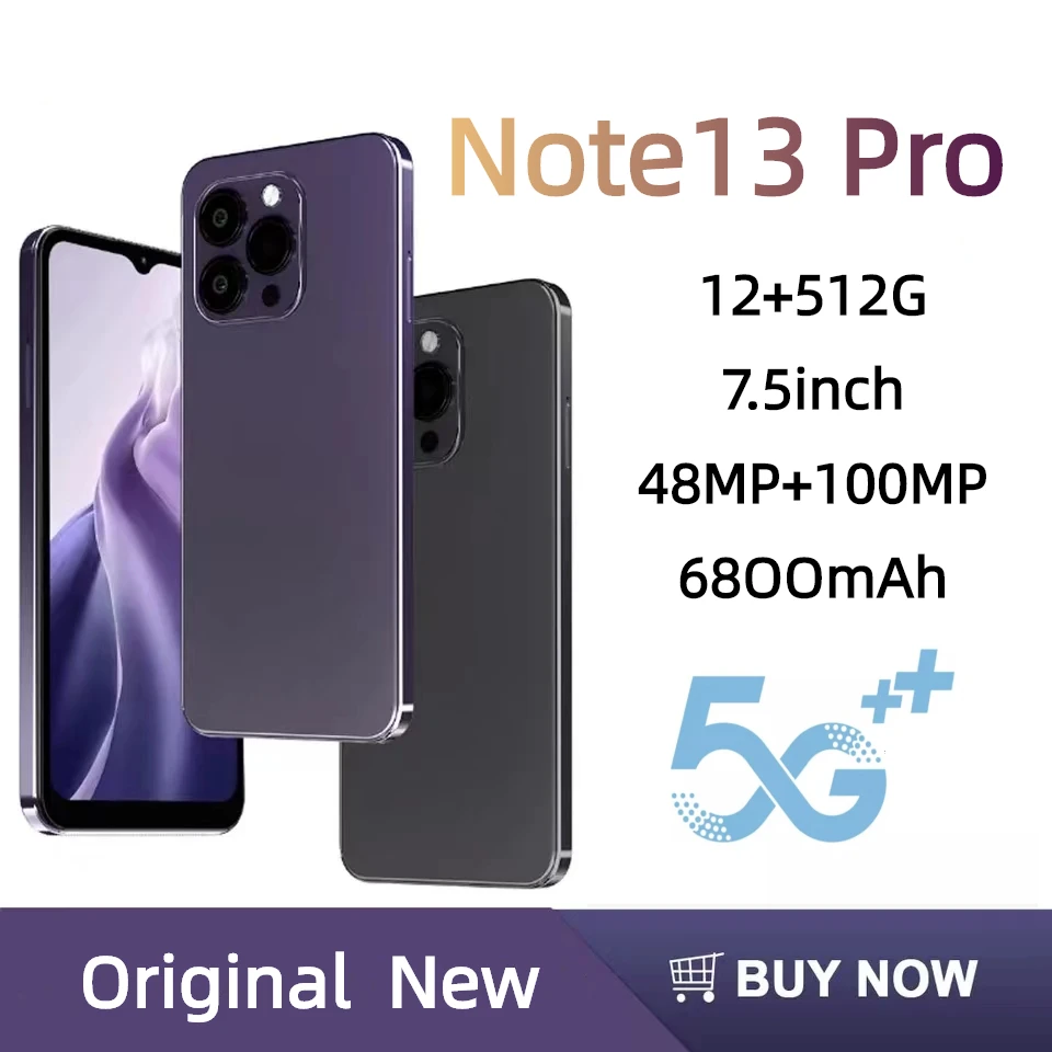 

New Phone Note13 Pro Smartphone Big Sale 7.5 inch HD Handphone 5G WiFi RAM 12GB ROM 512GB Dual SIM HD Camera Mobile phone 6800mA