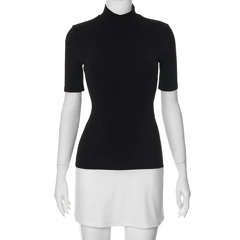 Fashion New Summer Semi-turtleneck Women's Five-quarter Sleeve Sleeve Contrasting Color Black and White Dress Casual Hip Skirt