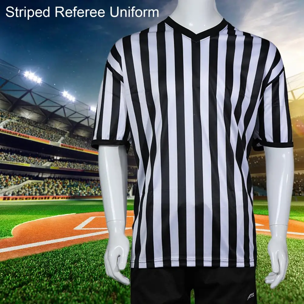 Striped Referee Uniform Short Sleeve V-neck Referee Wearing Men Football Basketball Court Shirt Sporting Goods Collared T-shirt