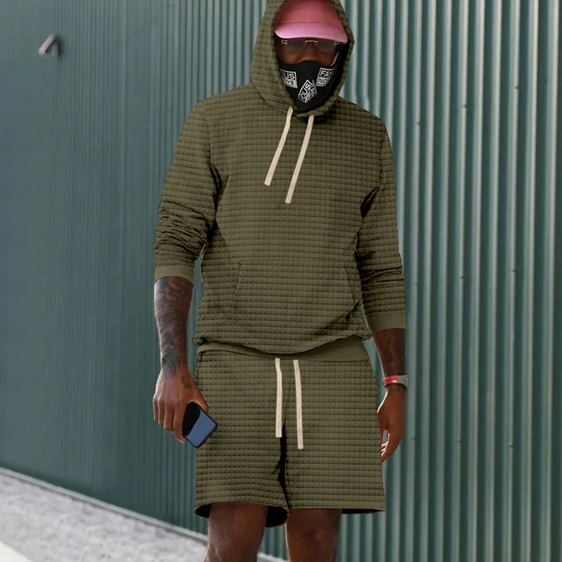 Men's Daily Casual Sports Suits Summer Kangaroo Pocket Hooded Sweatshirt Loose Waist Lace-up Shorts Square Fabric Two-piece Sets