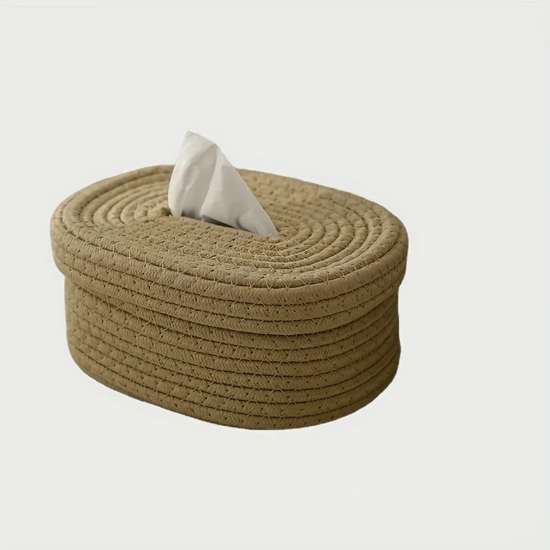 1pc Cotton Rope Tissue Box, Oval Storage Box With Lid, Wipes Paper Storage Case, Mask Storage Basket Suitable For Bedroom Living 6