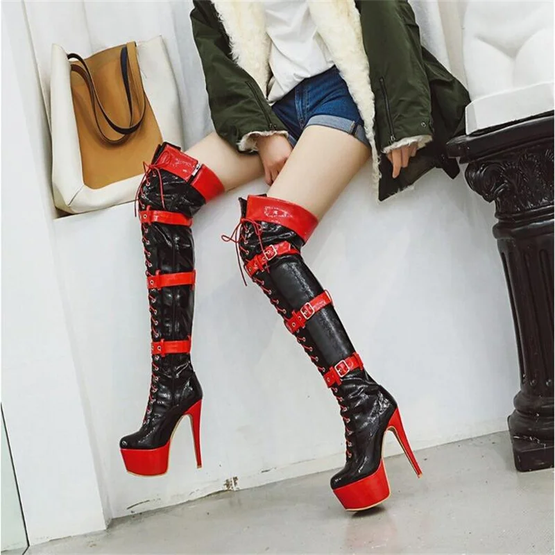 

Size 38 Over Knee Boots Sexy Fetish Dance Nightclub Party Shoes High Heel Platform Women Red Black Thigh High Boots