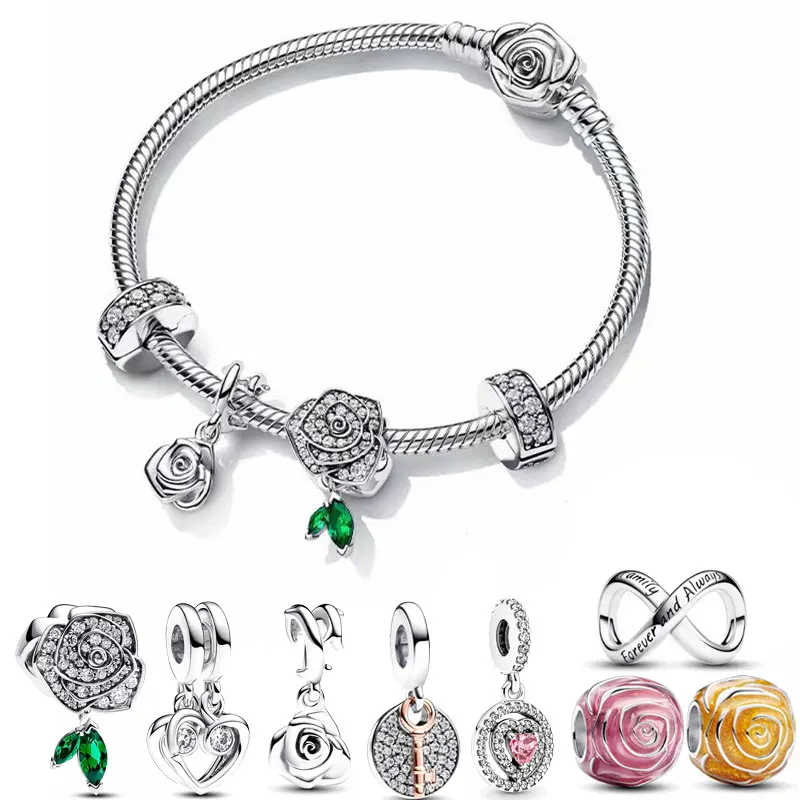 2024 New 925 Silver Charm Rose in Bloom Charm Bead Fit Pandora Moments Rose Clasp Snake Chain Bracelet DIY Women Fine Jewelry