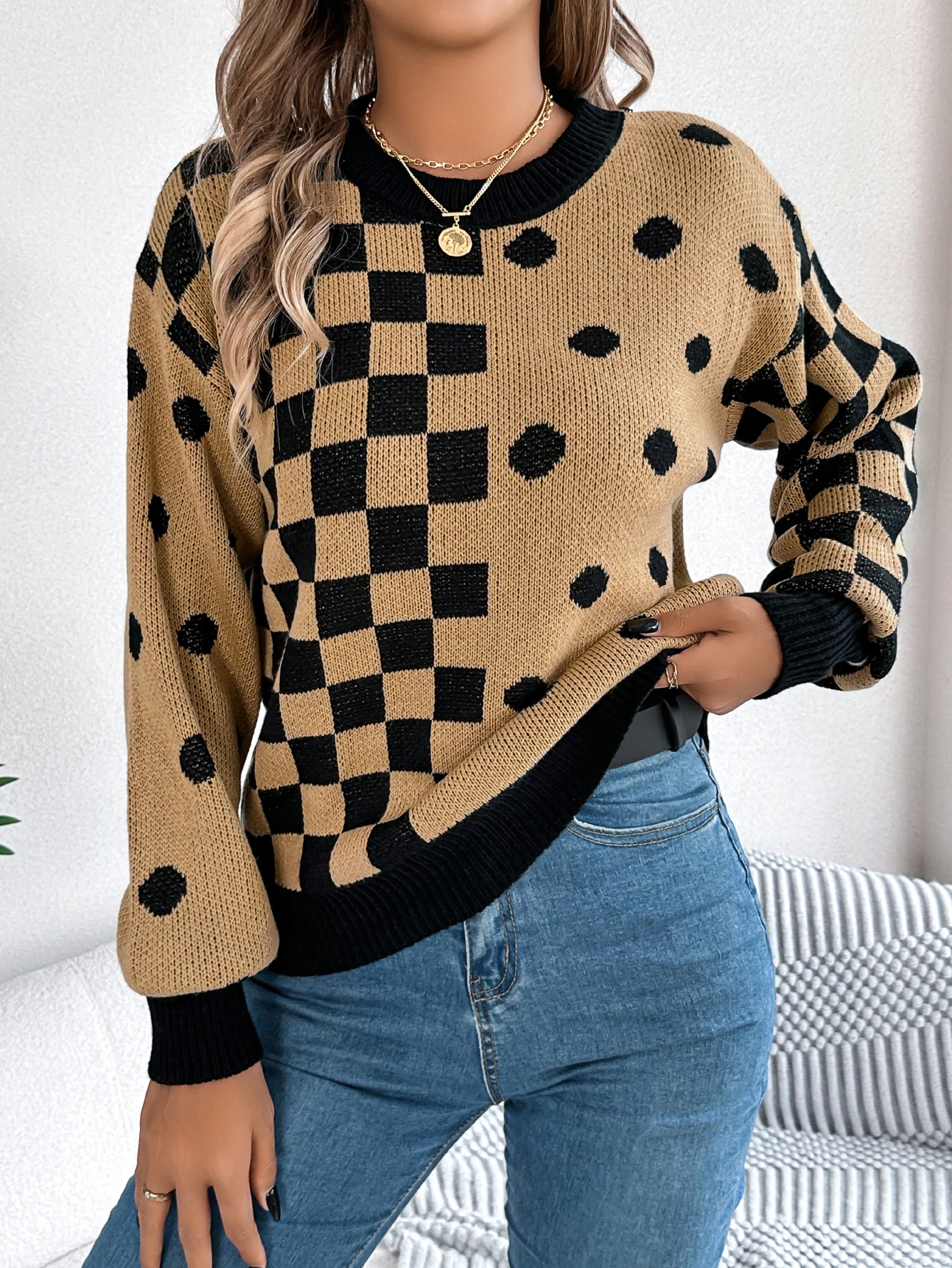 Autumn Winter Grid Dot Long Sleeved Pullover Sweater for Women