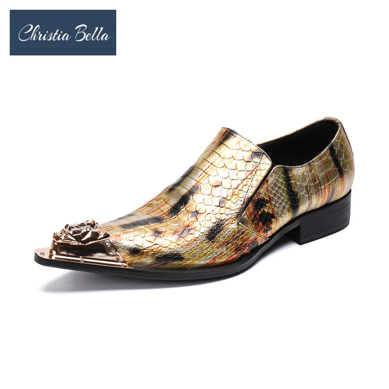 Luxury Gold Metal Pointed Toe Men Snakeskin Grain Real Leather Shoes Wedding Party Man Dress Oxford Shoes Business Formal