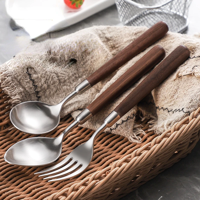 Wooden Handle Cutlery Set Stainless Steel Dinnerware Fork Knife Coffee  Spoon Tableware Set Western Flatware Set