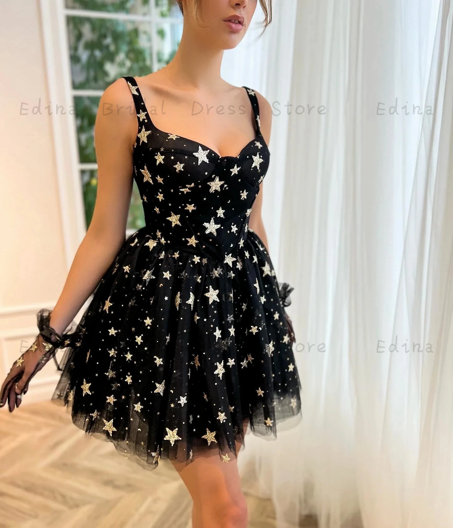 

Elegant Spaghetti Straps Cocktail Party Dresses for Teens Sparkly Starry Sequin Mini vestidosTulle A-Line Formal Dress for Women