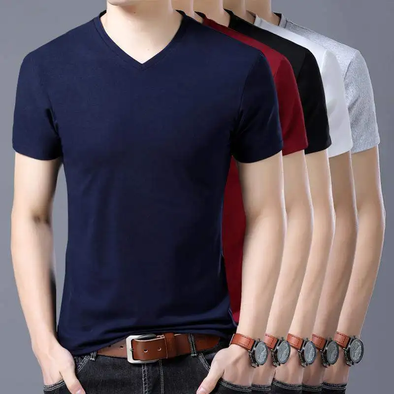 Summer Thin 2023 Luxury Men's Oversize T-Shirt Short Sleeves and V-Neck Modal Ice Silk Fabric Normal Casual Stretch Tshirt Top