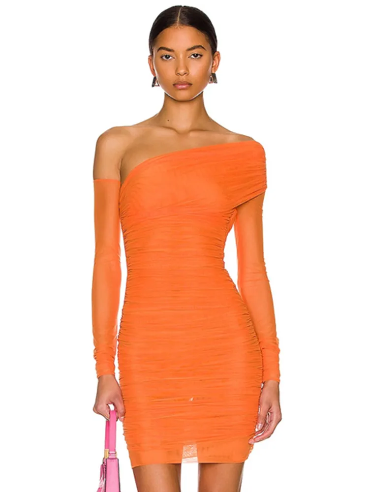New Arrival Women Spring Sexy Off Shoulder Mesh Ruched Orange Mini Bodycon Bandage Dress 2022