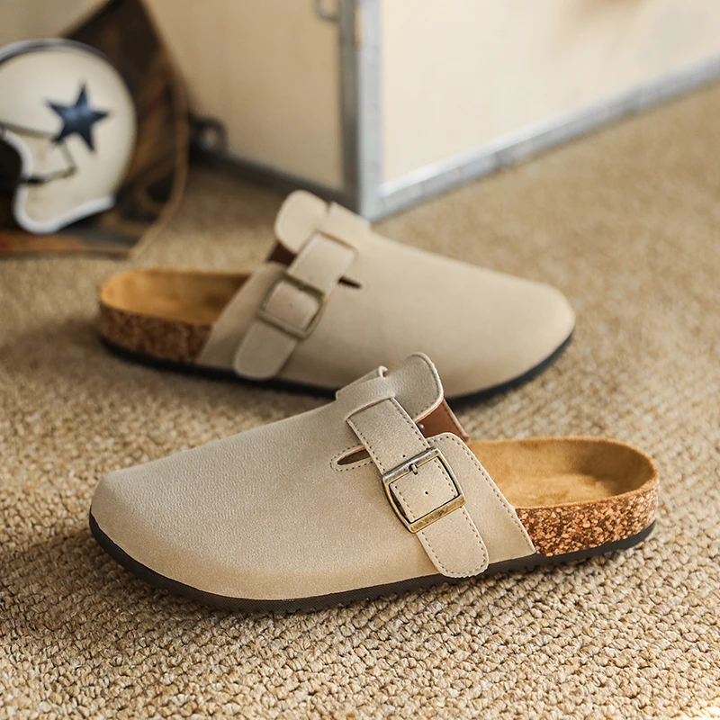 Popular Cow Suede Men's Clog Slippers Men's Suede Clogs Leather Mule Cork Foot Bed Sandals Beach Slide Bowtoe Shoes