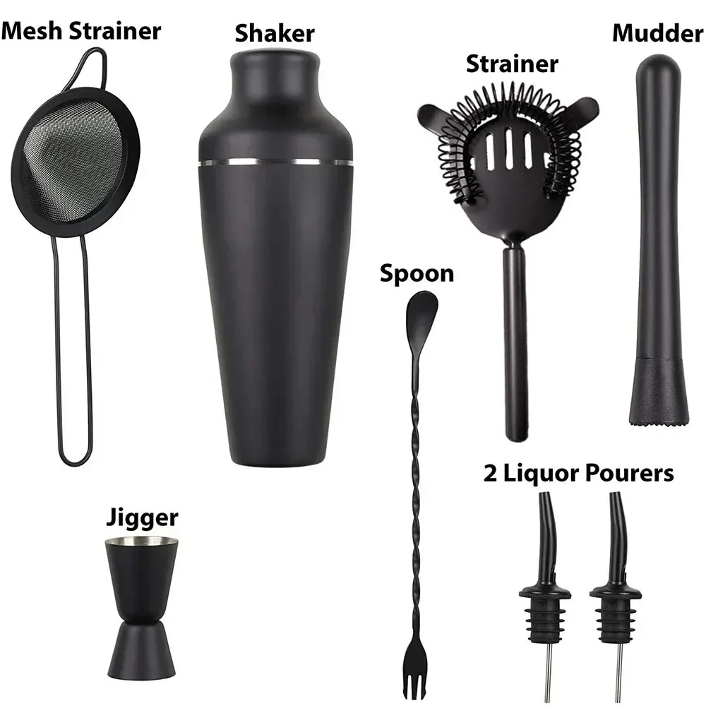 Matte Black Cocktail Shaker Set Bartending Equipment Wine Martini Drink Mixer Barware tools Bartender Kit for Home Bar 8Pcs,cocktail shaker,cocktail bar tools
