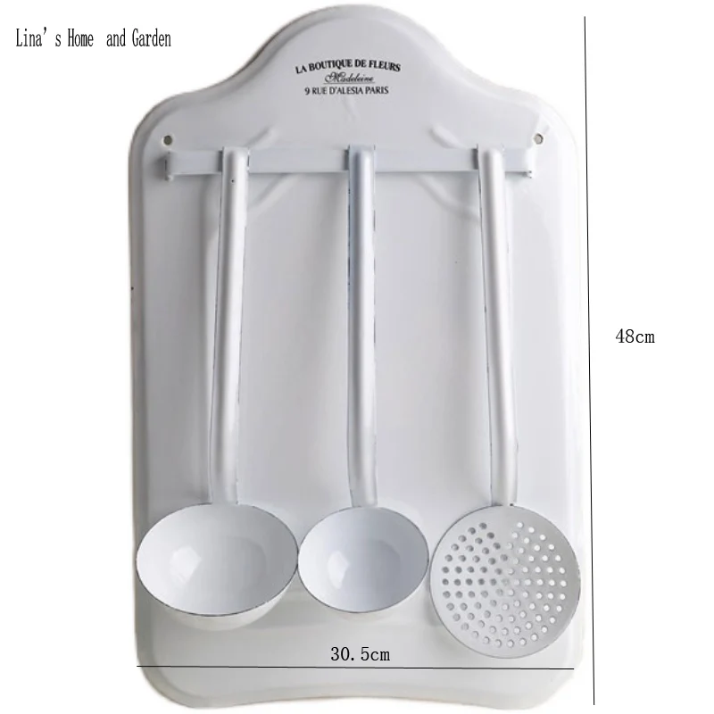 Vintage French Style Kitchen Utensil Set with Wall Mount, White Enamel, 3 Pieces, 12x18 inches