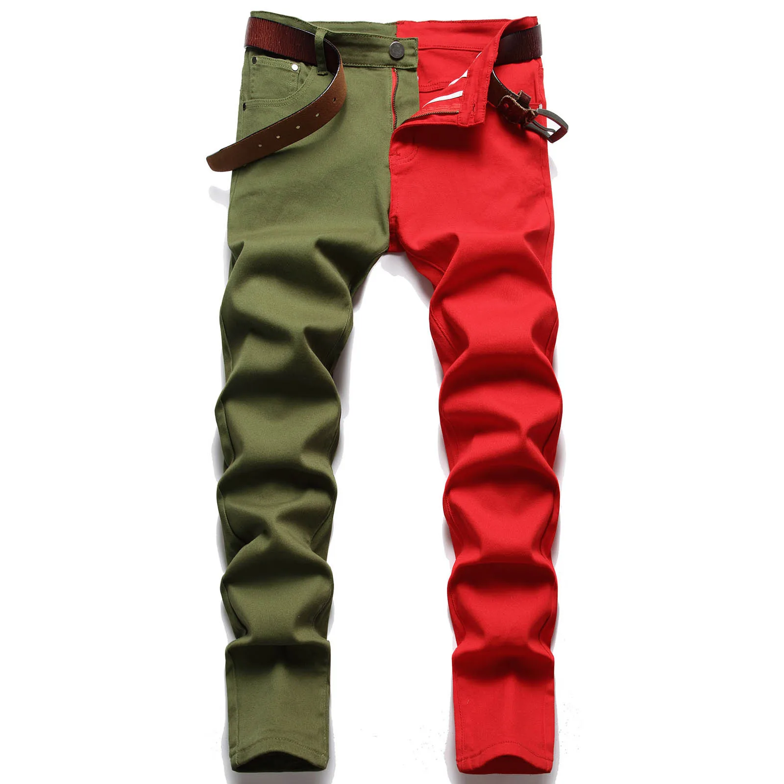 Fashion Contrasting Colors Patchwork Men's Jeans Long Pants Classic Handsome Ripped Stretch Straight Slim Denim Trousers