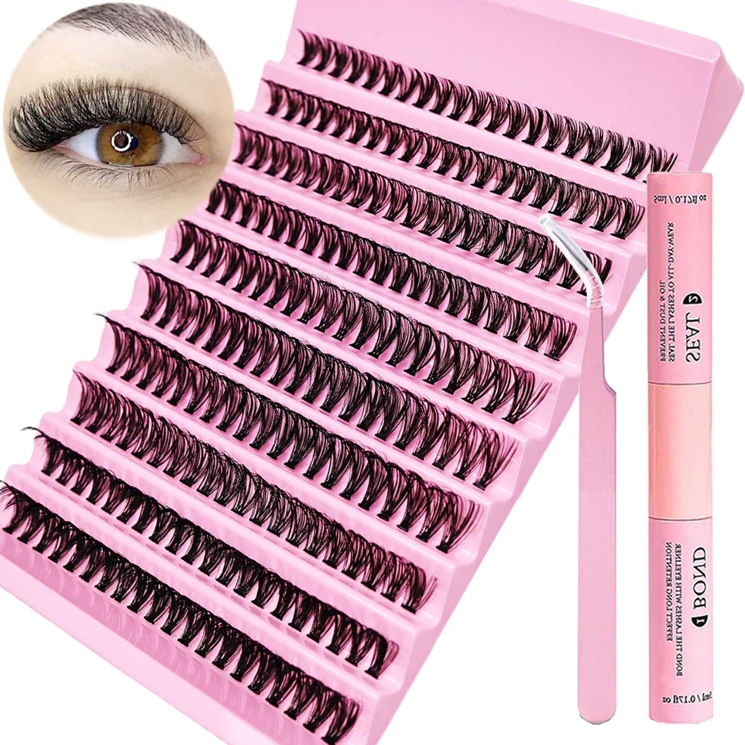 Fake eyelashes DIY set 200pcs individual lashes cluster D Curl 8-16mm mix with lash bond seal applicator tool
