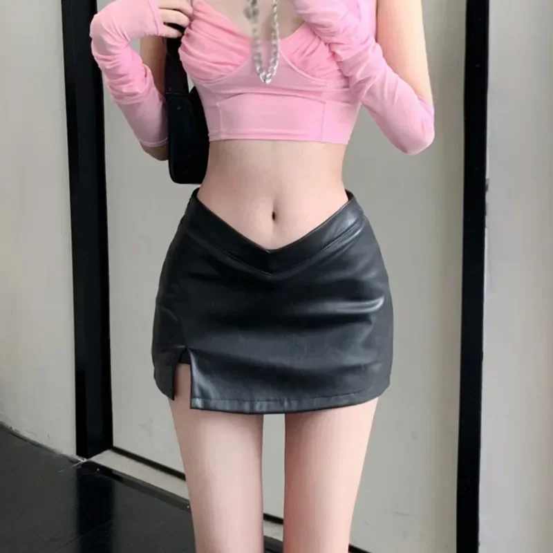 2024 New Sexy Short Skirt High Waist PU Leather Skirt Women's Retro Spicy Girl Short Skirt New Black Split Women's Wear YDL12