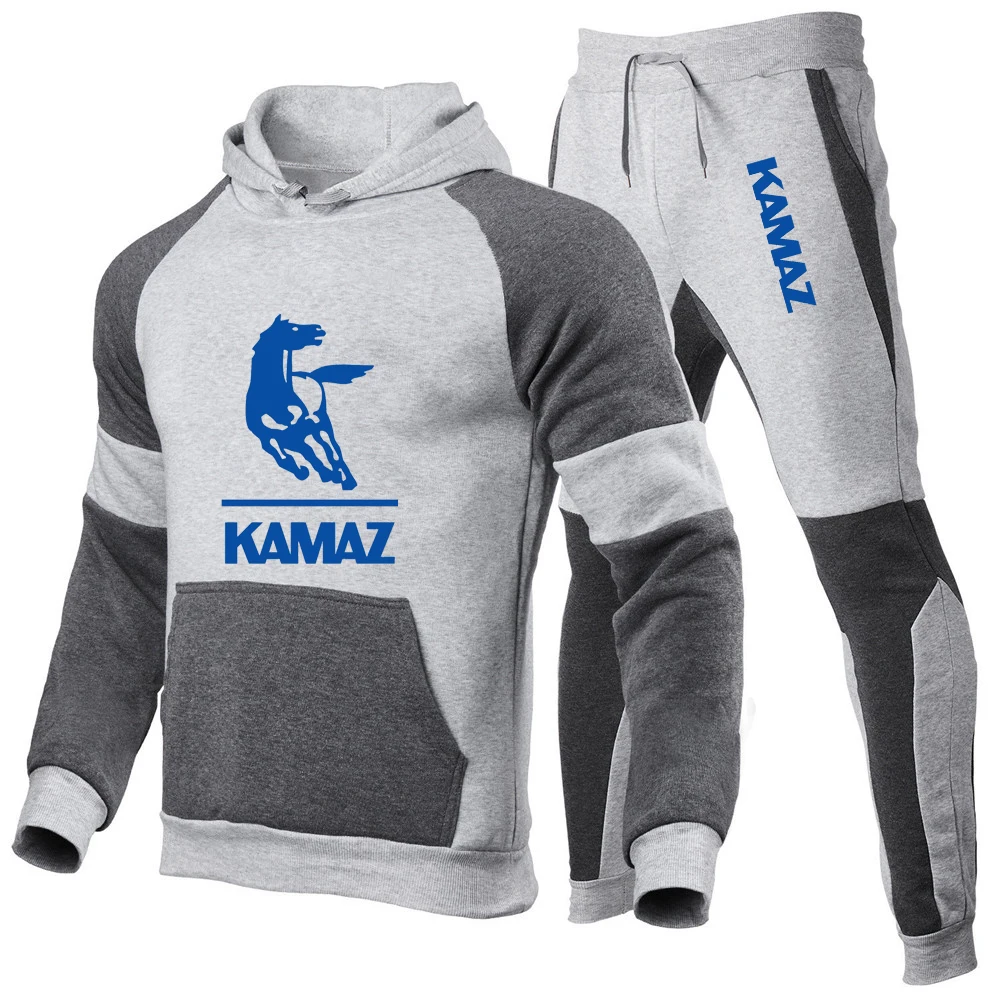 2023 new men's Camas printed casual pullover comfortable splicing Harajuku high-quality fashion sweatpants 2-piece set