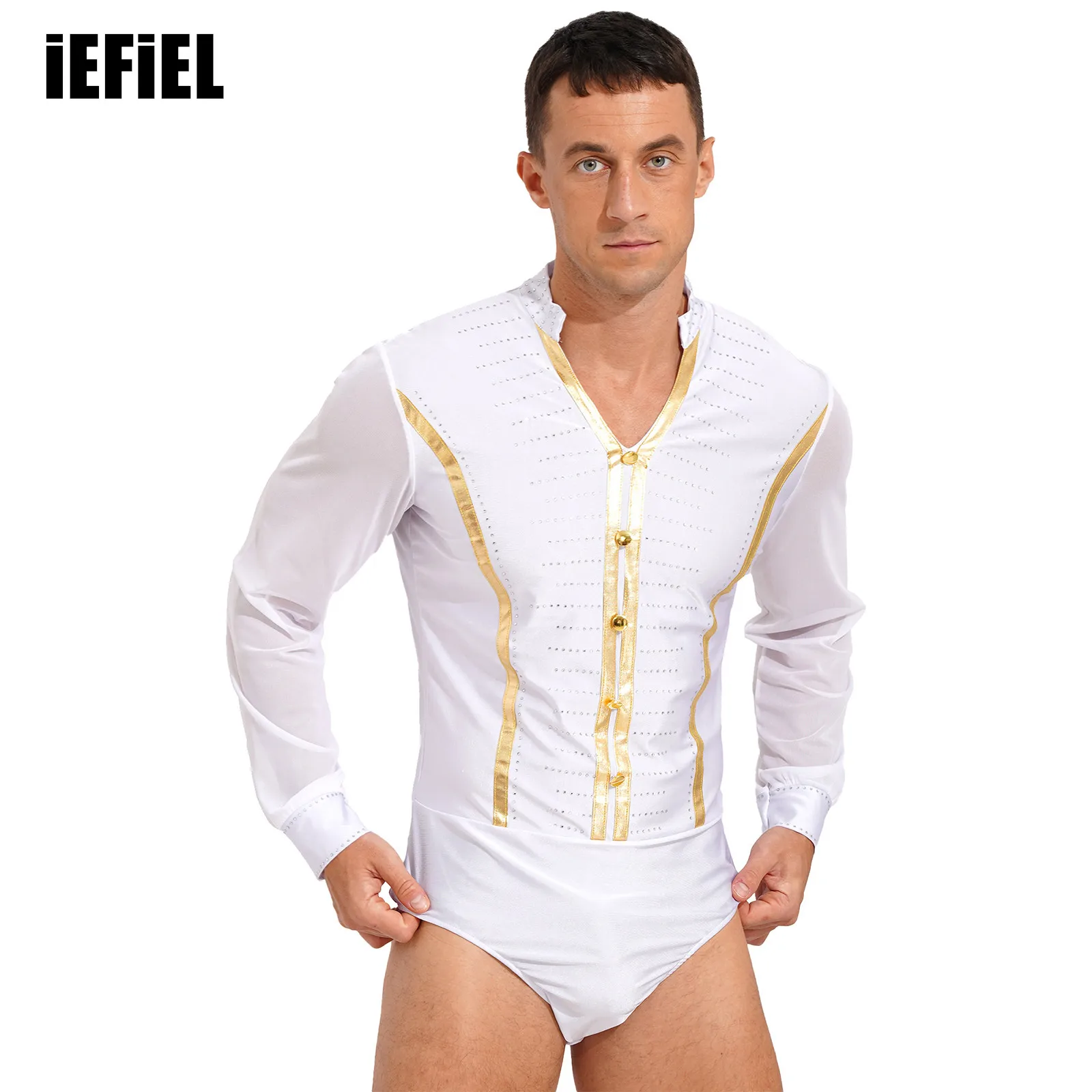 

Men Ballroom Samba Latin Dance Costume Sparkling Rhinestones Bodysuit V Neck Sheer Mesh Long Sleeve Leotard