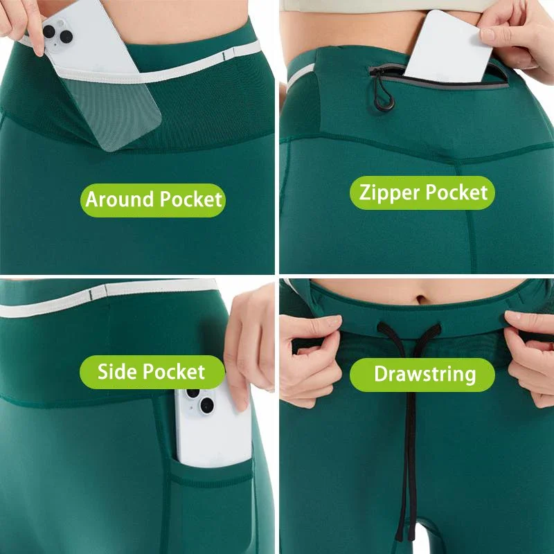 Fleece-Lined Nylon Marathon Running Compression Tights Leggings Men Jogging Fitness Training Sport Pants with Wrap Around Pocket
