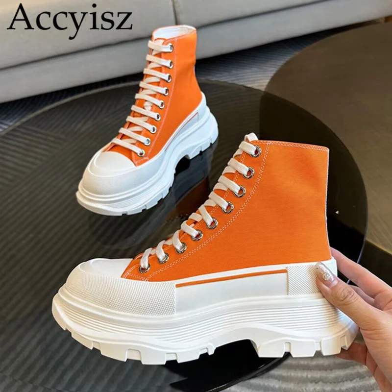 

Spring All Match High Top Canvas Shoes Solid Color Lace Up Flats Casual Shoes Round Toe Platform Comfort Walking Shoes Unisex