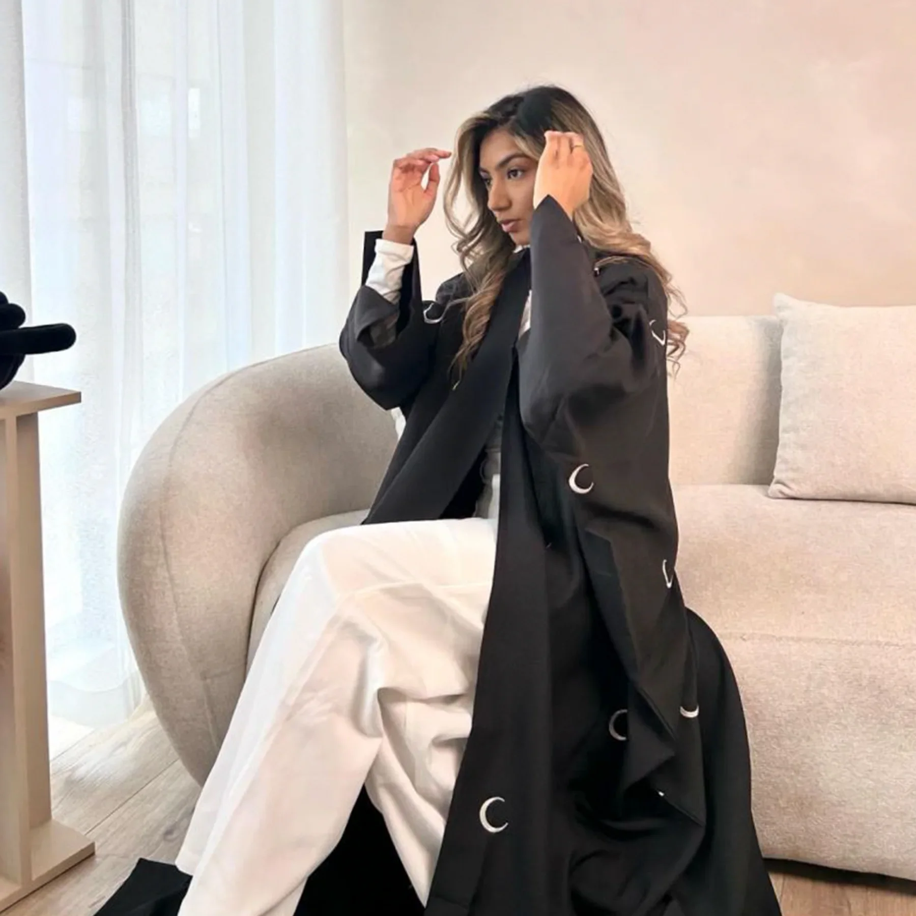 Moon Embroidery Cotton Linen Open Abaya Kimono Bat Sleeves Muslim Abayas for Women Dubai Luxury Islam Clothes Ramadan Eid Kaftan