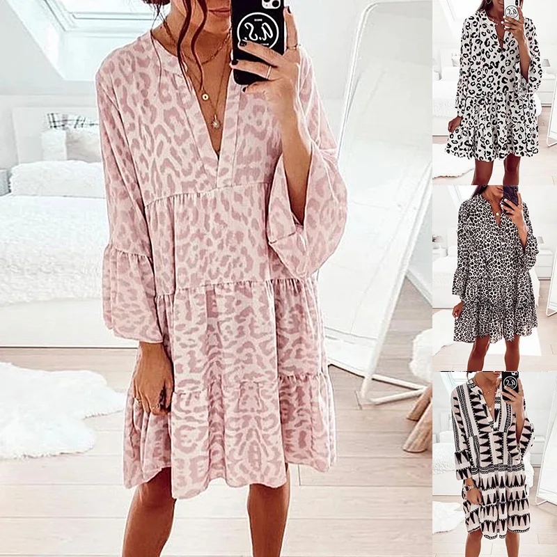 European and American Printed Long Sleeved Loose V-Neck Patchwork Dress, Birthday Gifts