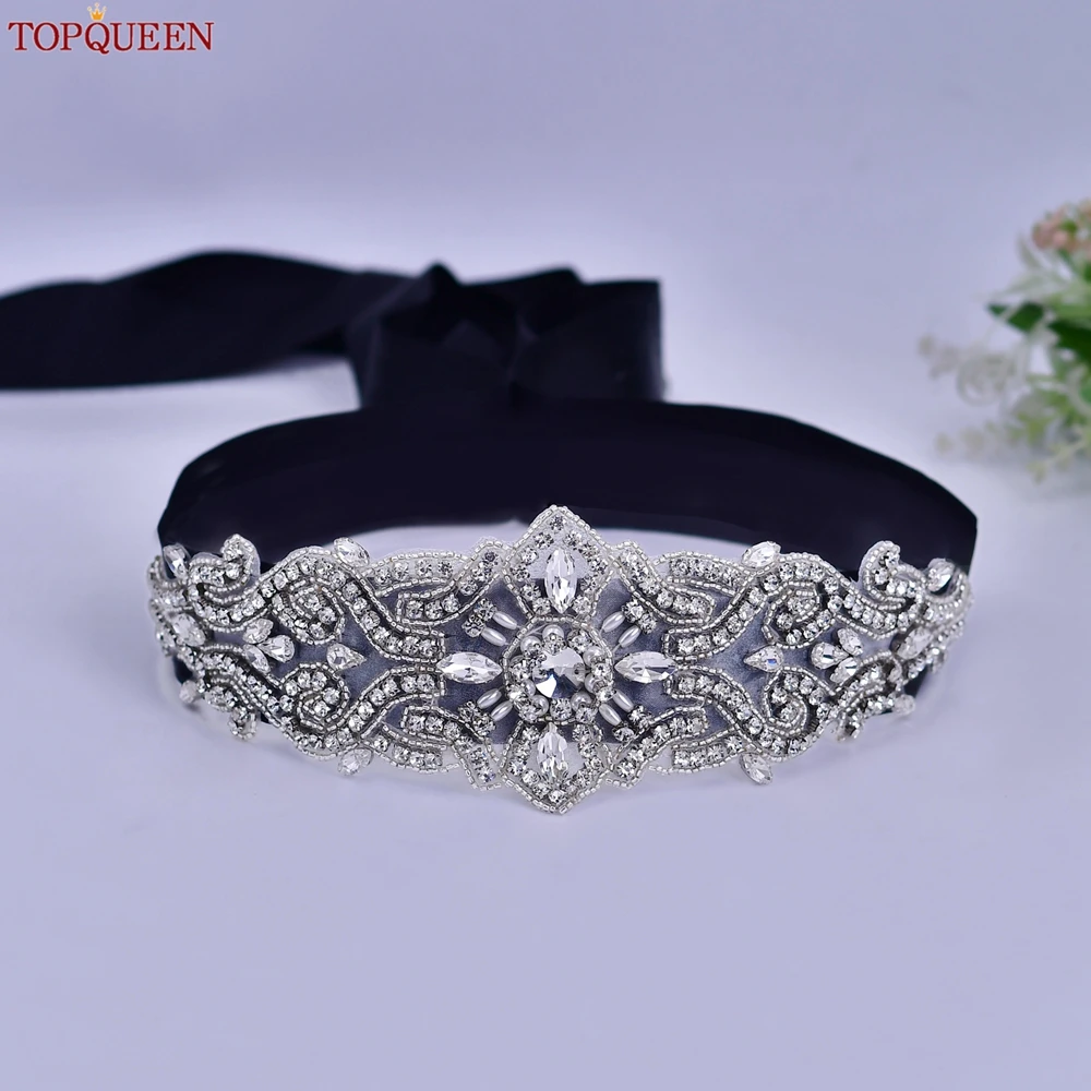 TOPQUEEN Bridal Belt Silver Rhinestones Appliques For Dresses Wedding Belt  Bride Dress Shiny Women'S Belt Arab Belt S26