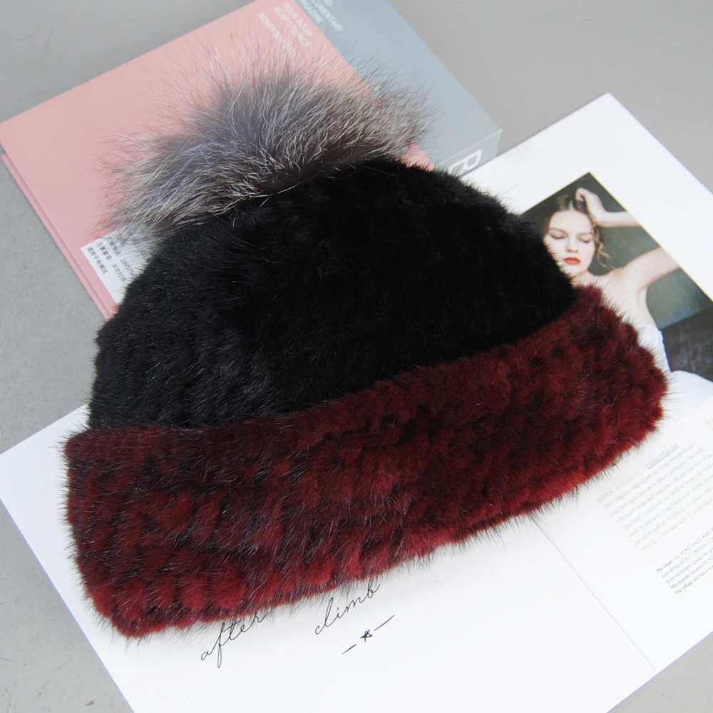 Top Quality Natural Fox Fur Pom Poms Beanie Lady Fashion Women's Winter Knitted Mink Fur Patchwork Real Mink Fur Hat Cap 2
