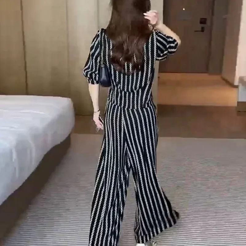 여성용 스트라이프 바지 세트, 우아한 올매치 한국 스타일, 용수철 여름 패션, 젊고 시크한 하이 스트리트, 부드럽고 얇은 통기성 핏