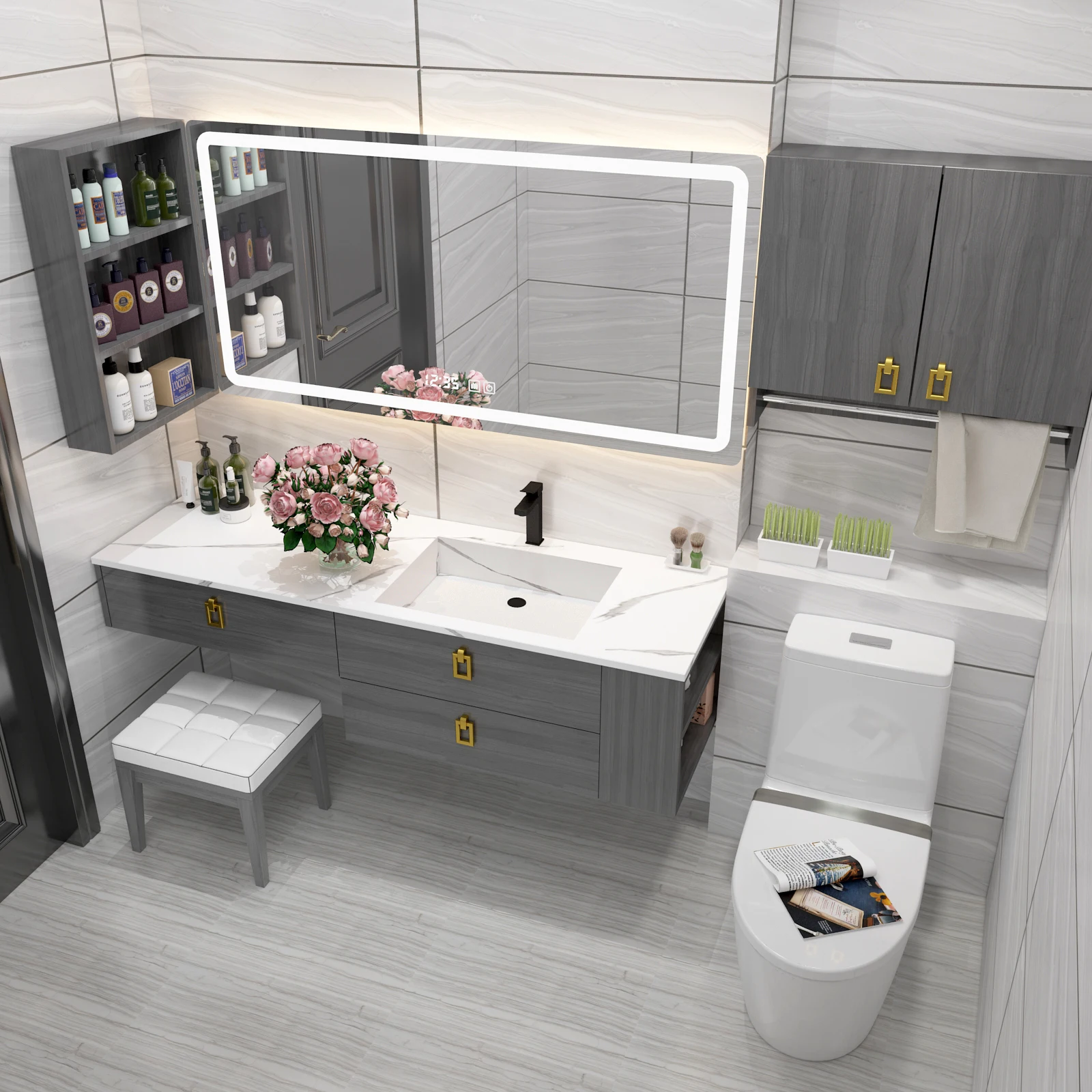 Bathroom Furniture Supplier Vanity Set with Wooden Makeup Table and Storage Cabinet