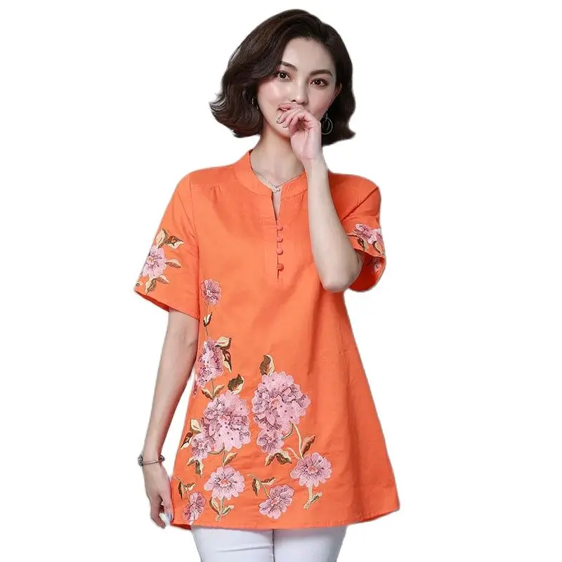 

Shirt Summer 2022 New Jacket Folk-Custom Embroidery Female Retro Shirts Loose Cotton Linen Short Sleeve Medium Long Women Top